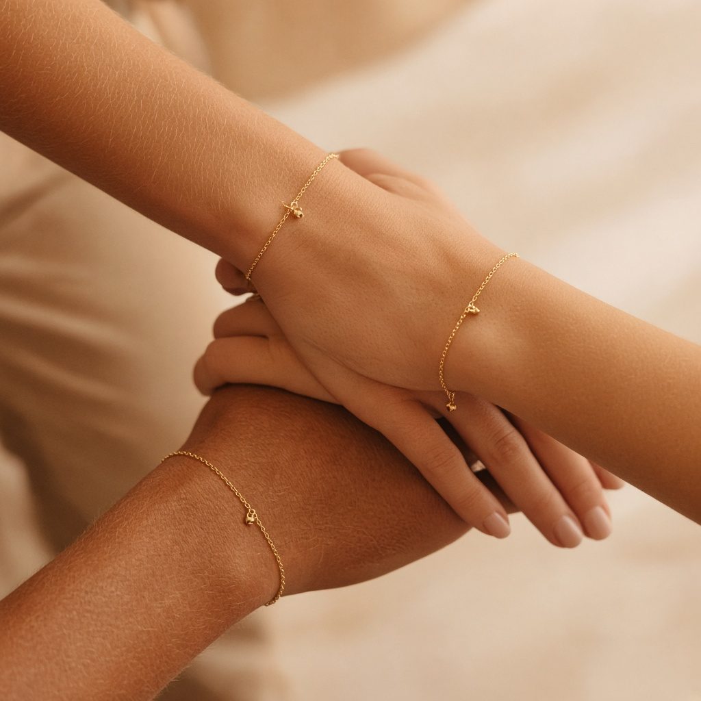 Friends wearing matching gold bracelets